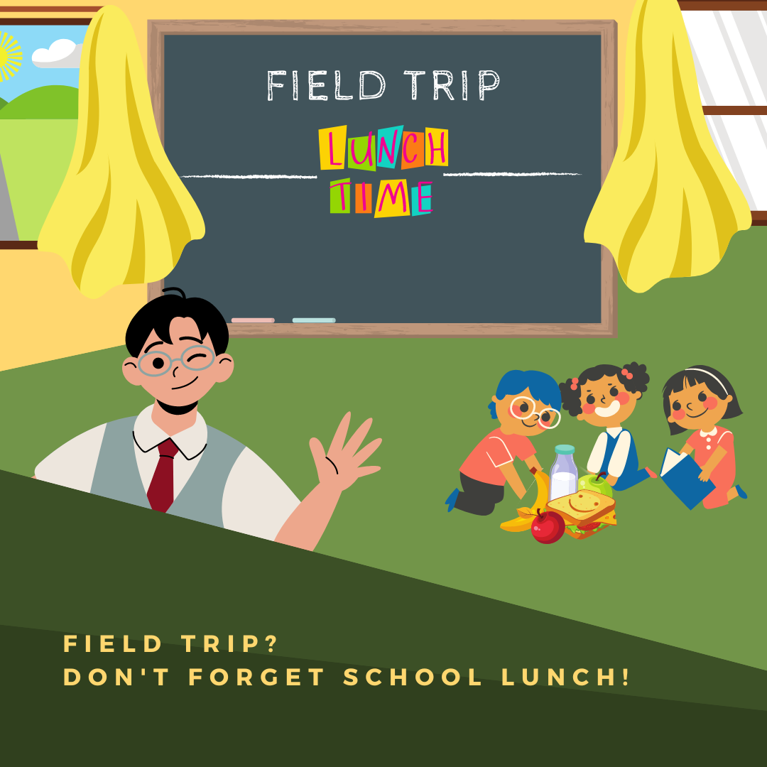 Animated picture of students eating lunch on field trip.